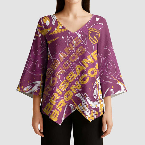 Personalized Brisbane Broncos Rugby Kimono Sleeve Blouse Urban Street Graffiti Style - Distressed Splatter Elements