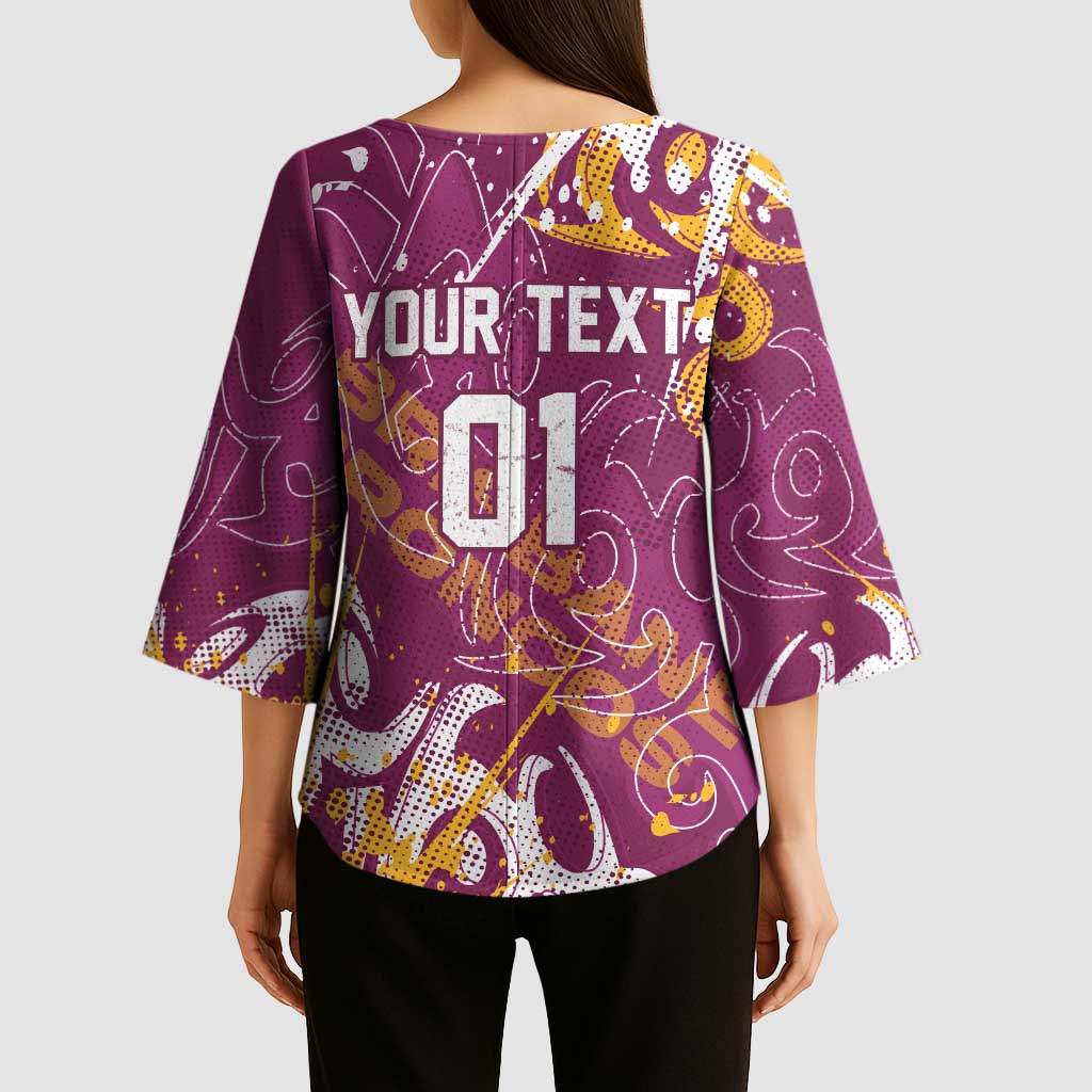 Personalized Brisbane Broncos Rugby Kimono Sleeve Blouse Urban Street Graffiti Style - Distressed Splatter Elements