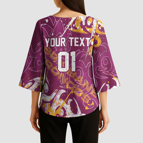 Personalized Brisbane Broncos Rugby Kimono Sleeve Blouse Urban Street Graffiti Style - Distressed Splatter Elements