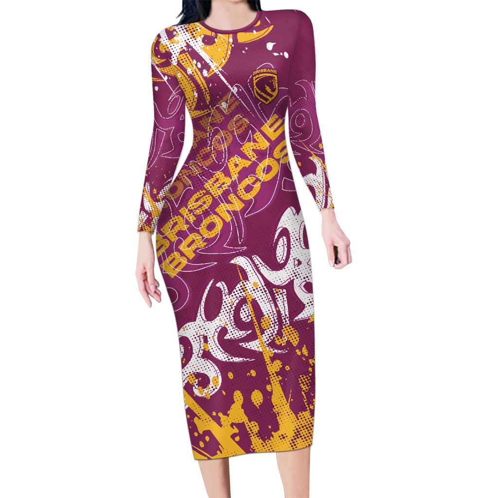 Personalized Brisbane Broncos Rugby Long Sleeve Bodycon Dress Urban Street Graffiti Style - Distressed Splatter Elements