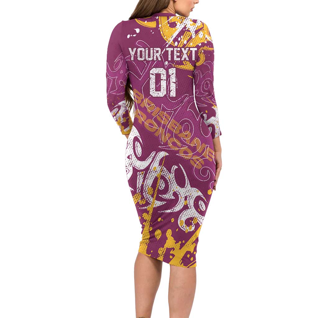 Personalized Brisbane Broncos Rugby Long Sleeve Bodycon Dress Urban Street Graffiti Style - Distressed Splatter Elements