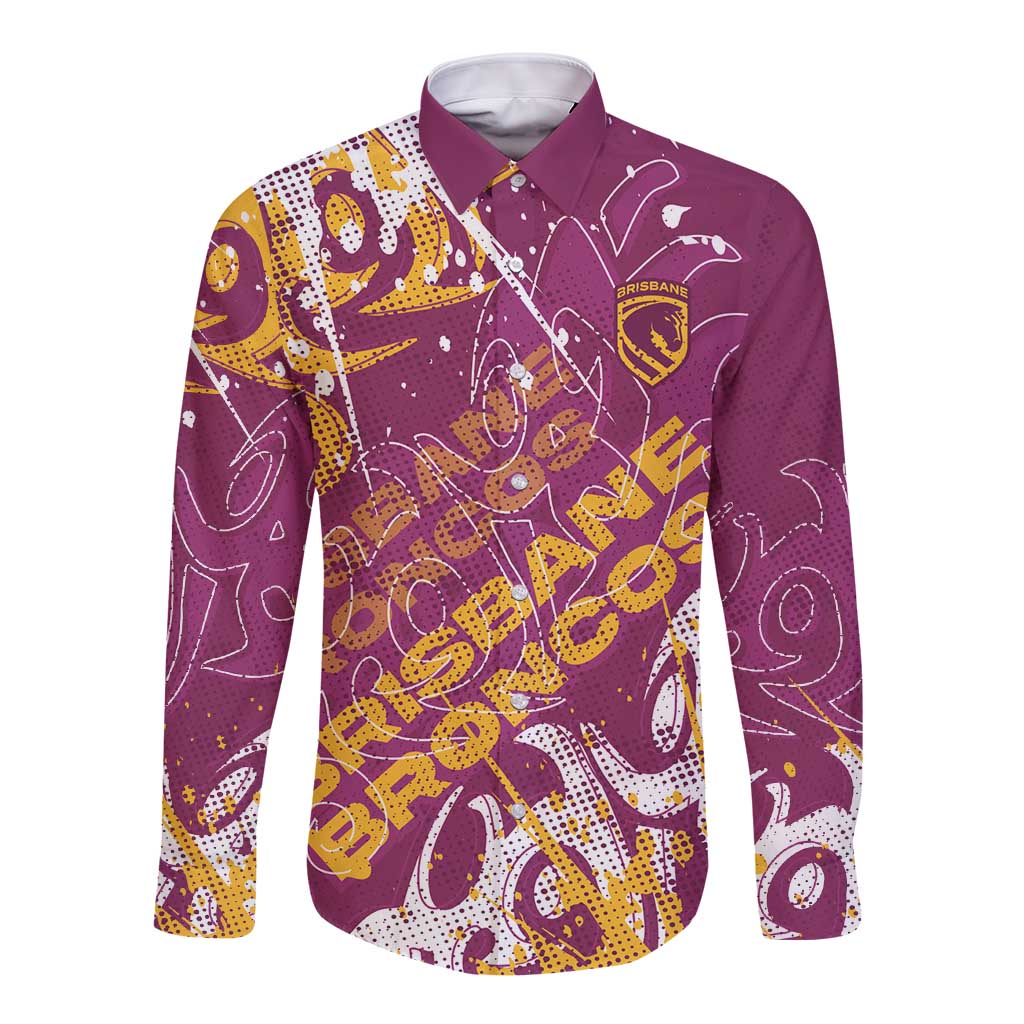 Personalized Brisbane Broncos Rugby Long Sleeve Button Shirt Urban Street Graffiti Style - Distressed Splatter Elements