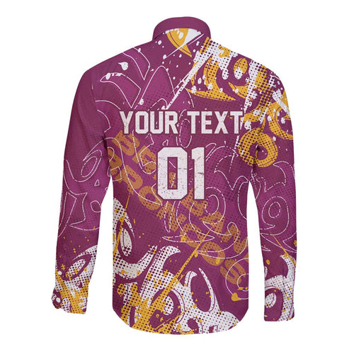 Personalized Brisbane Broncos Rugby Long Sleeve Button Shirt Urban Street Graffiti Style - Distressed Splatter Elements