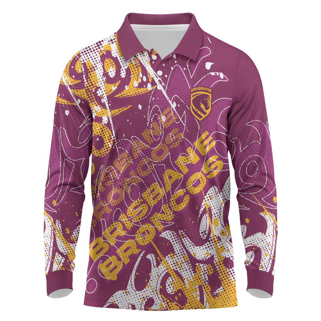Personalized Brisbane Broncos Rugby Long Sleeve Polo Shirt Urban Street Graffiti Style - Distressed Splatter Elements