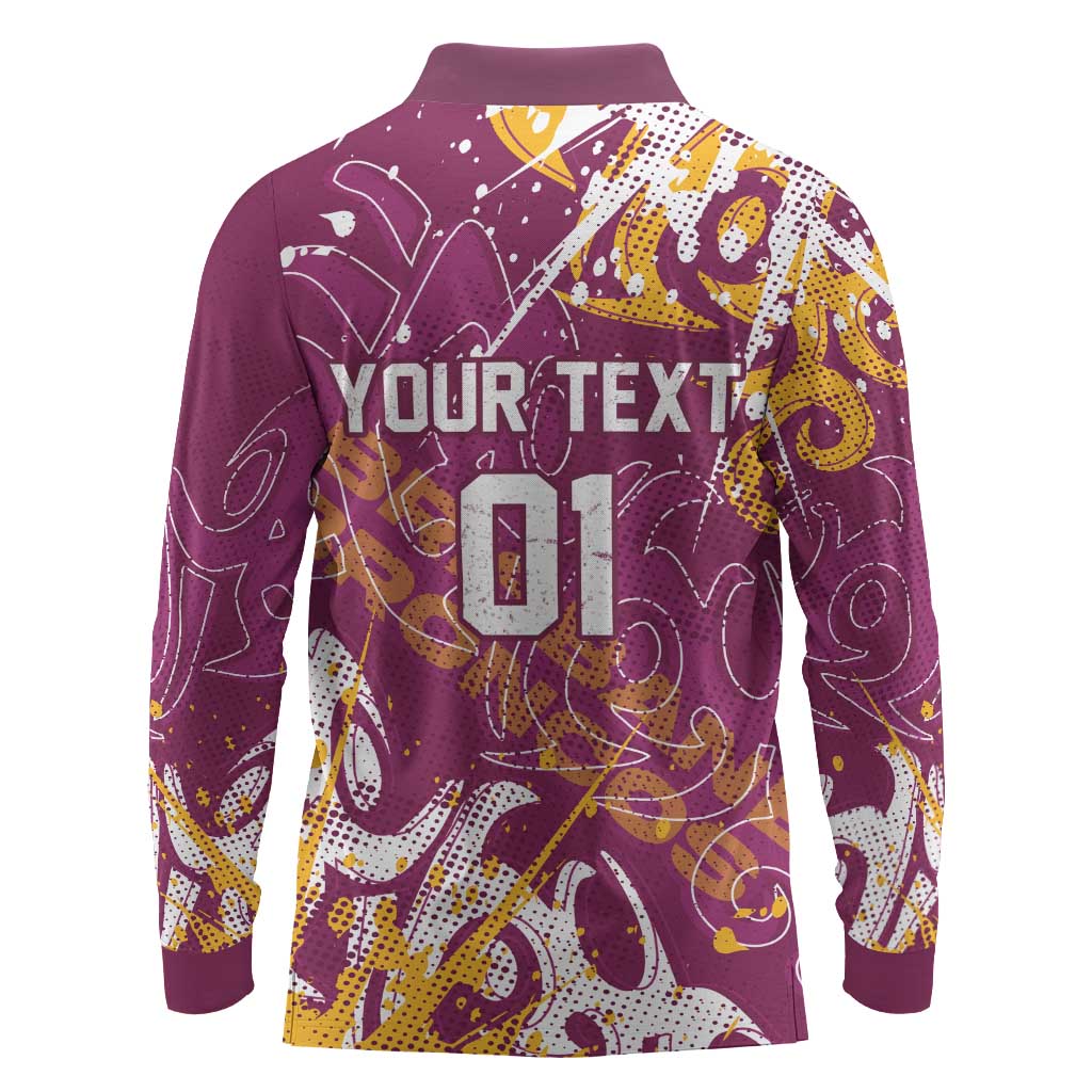 Personalized Brisbane Broncos Rugby Long Sleeve Polo Shirt Urban Street Graffiti Style - Distressed Splatter Elements
