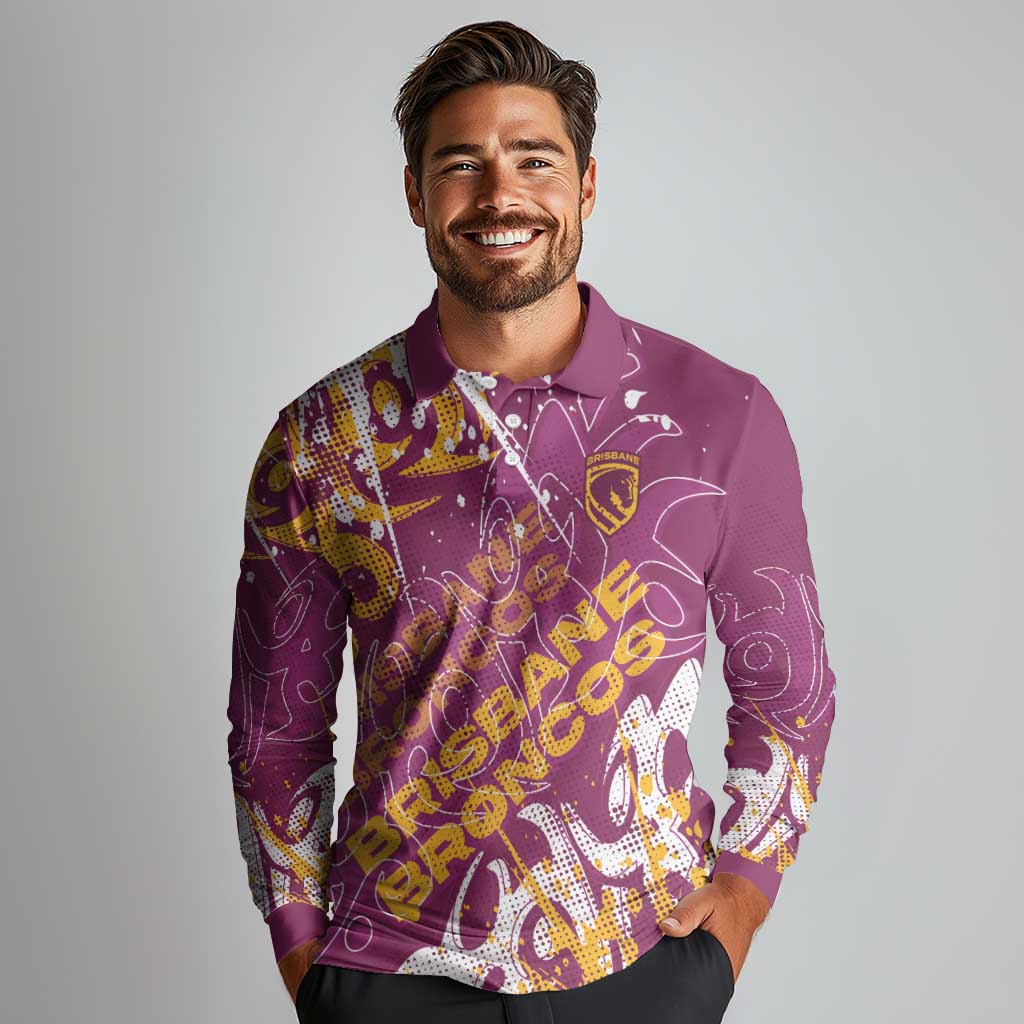 Personalized Brisbane Broncos Rugby Long Sleeve Polo Shirt Urban Street Graffiti Style - Distressed Splatter Elements