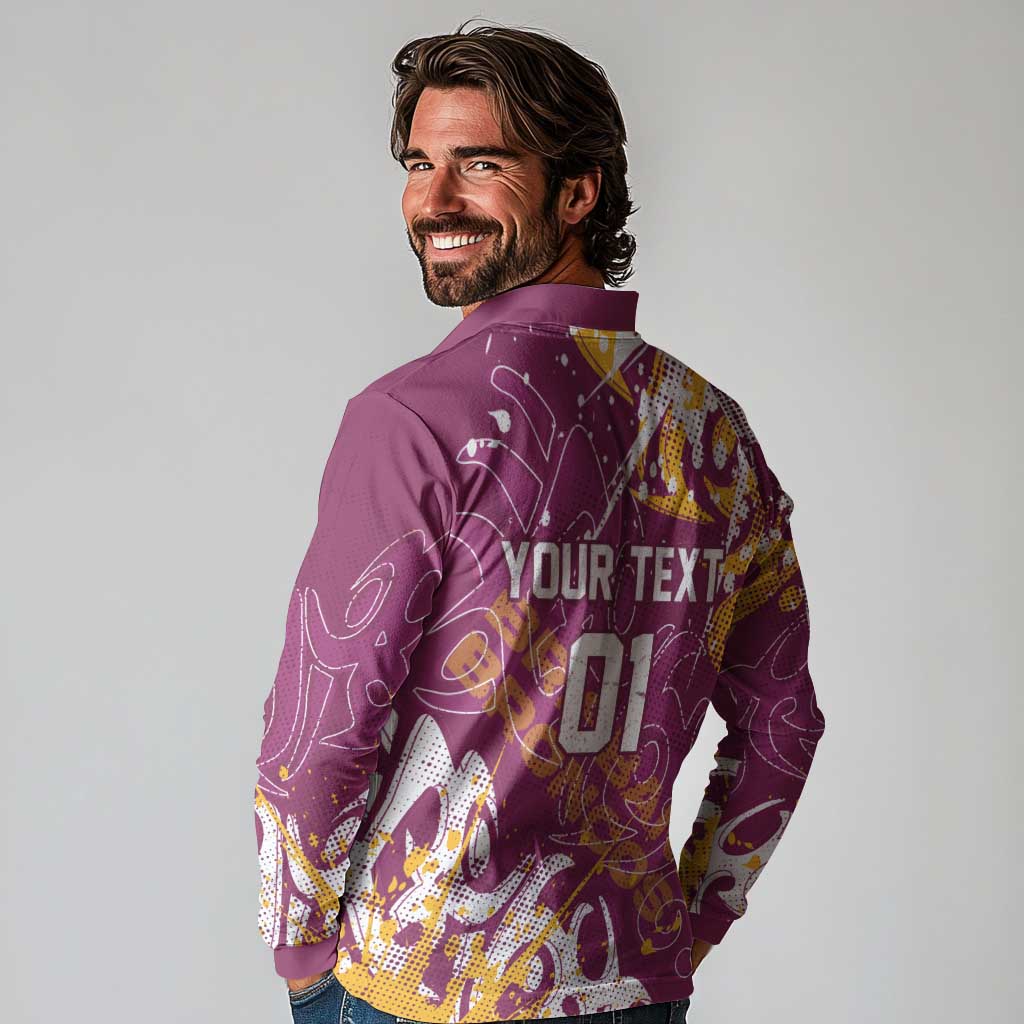 Personalized Brisbane Broncos Rugby Long Sleeve Polo Shirt Urban Street Graffiti Style - Distressed Splatter Elements
