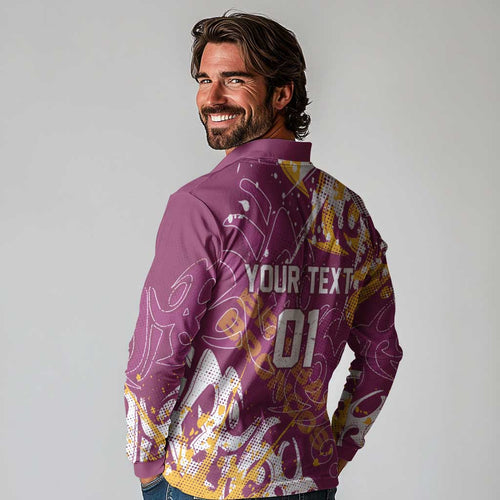 Personalized Brisbane Broncos Rugby Long Sleeve Polo Shirt Urban Street Graffiti Style - Distressed Splatter Elements