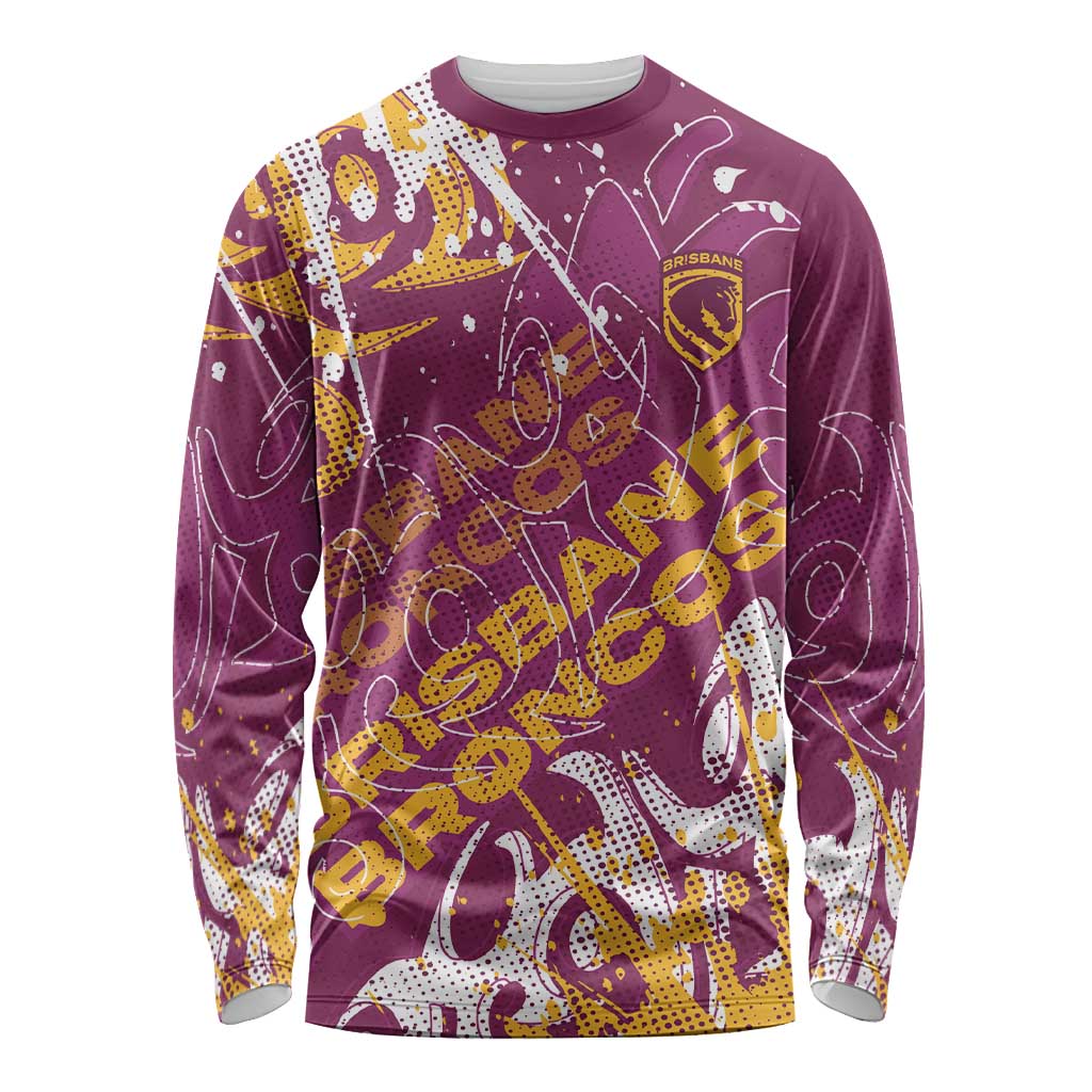 Personalized Brisbane Broncos Rugby Long Sleeve Shirt Urban Street Graffiti Style - Distressed Splatter Elements