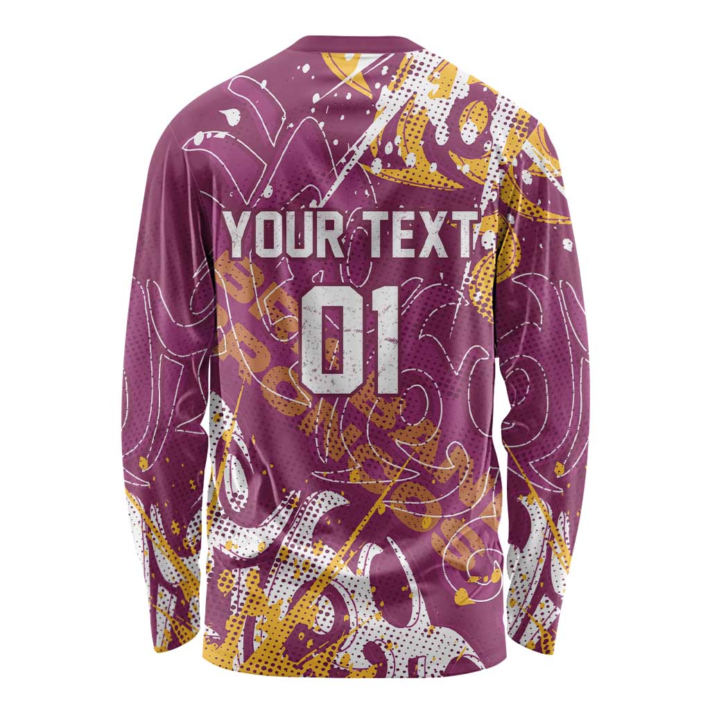 Personalized Brisbane Broncos Rugby Long Sleeve Shirt Urban Street Graffiti Style - Distressed Splatter Elements