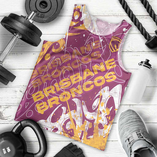 Personalized Brisbane Broncos Rugby Men Tank Top Urban Street Graffiti Style - Distressed Splatter Elements