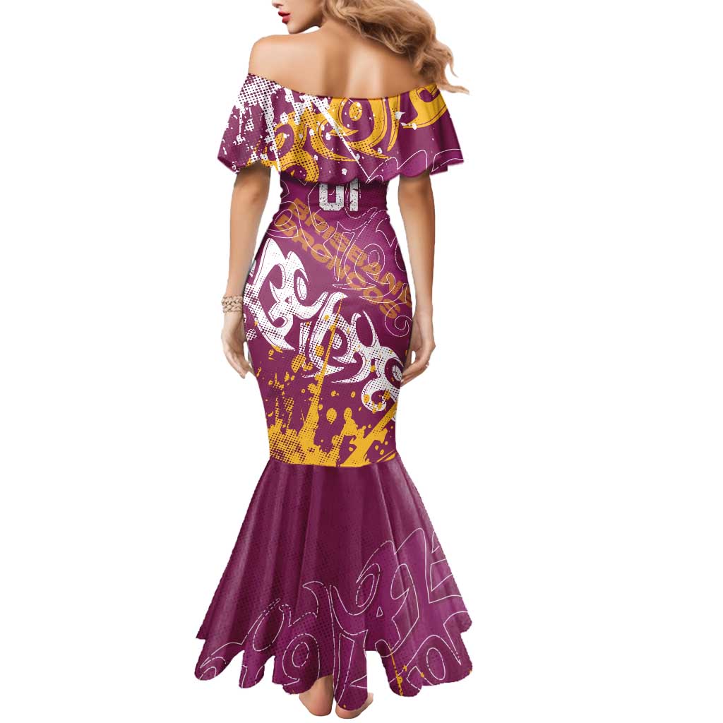 Personalized Brisbane Broncos Rugby Mermaid Dress Urban Street Graffiti Style - Distressed Splatter Elements