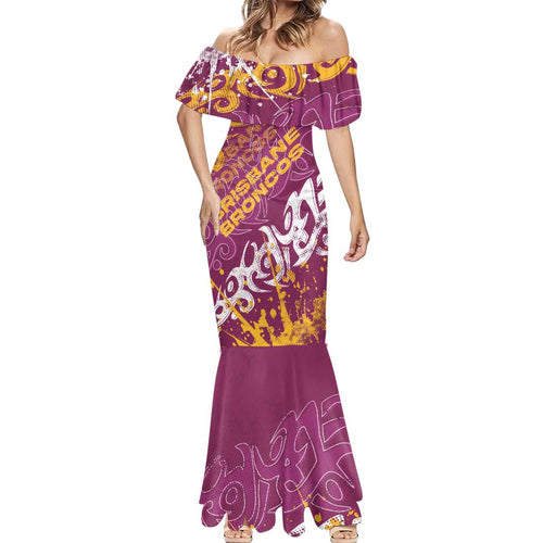 Personalized Brisbane Broncos Rugby Mermaid Dress Urban Street Graffiti Style - Distressed Splatter Elements