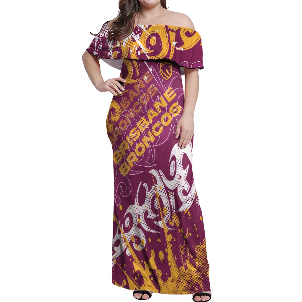 Personalized Brisbane Broncos Rugby Off Shoulder Maxi Dress Urban Street Graffiti Style - Distressed Splatter Elements