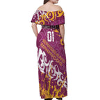 Personalized Brisbane Broncos Rugby Off Shoulder Maxi Dress Urban Street Graffiti Style - Distressed Splatter Elements
