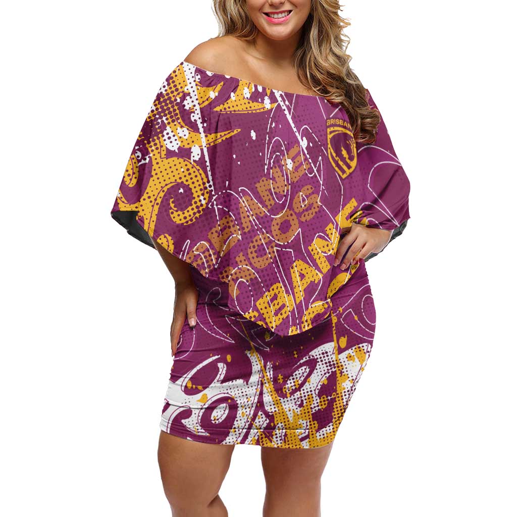 Personalized Brisbane Broncos Rugby Off Shoulder Short Dress Urban Street Graffiti Style - Distressed Splatter Elements