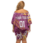 Personalized Brisbane Broncos Rugby Off Shoulder Short Dress Urban Street Graffiti Style - Distressed Splatter Elements