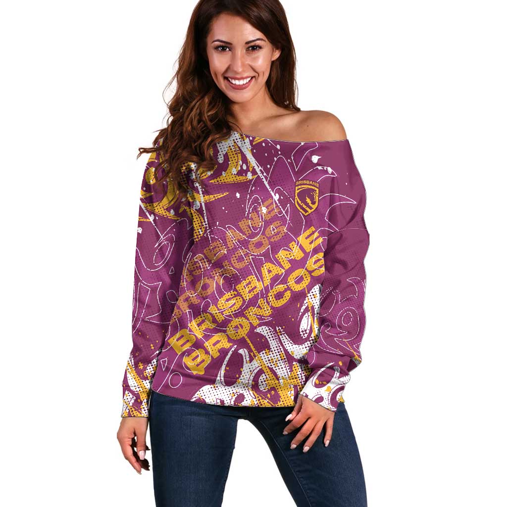 Personalized Brisbane Broncos Rugby Off Shoulder Sweater Urban Street Graffiti Style - Distressed Splatter Elements