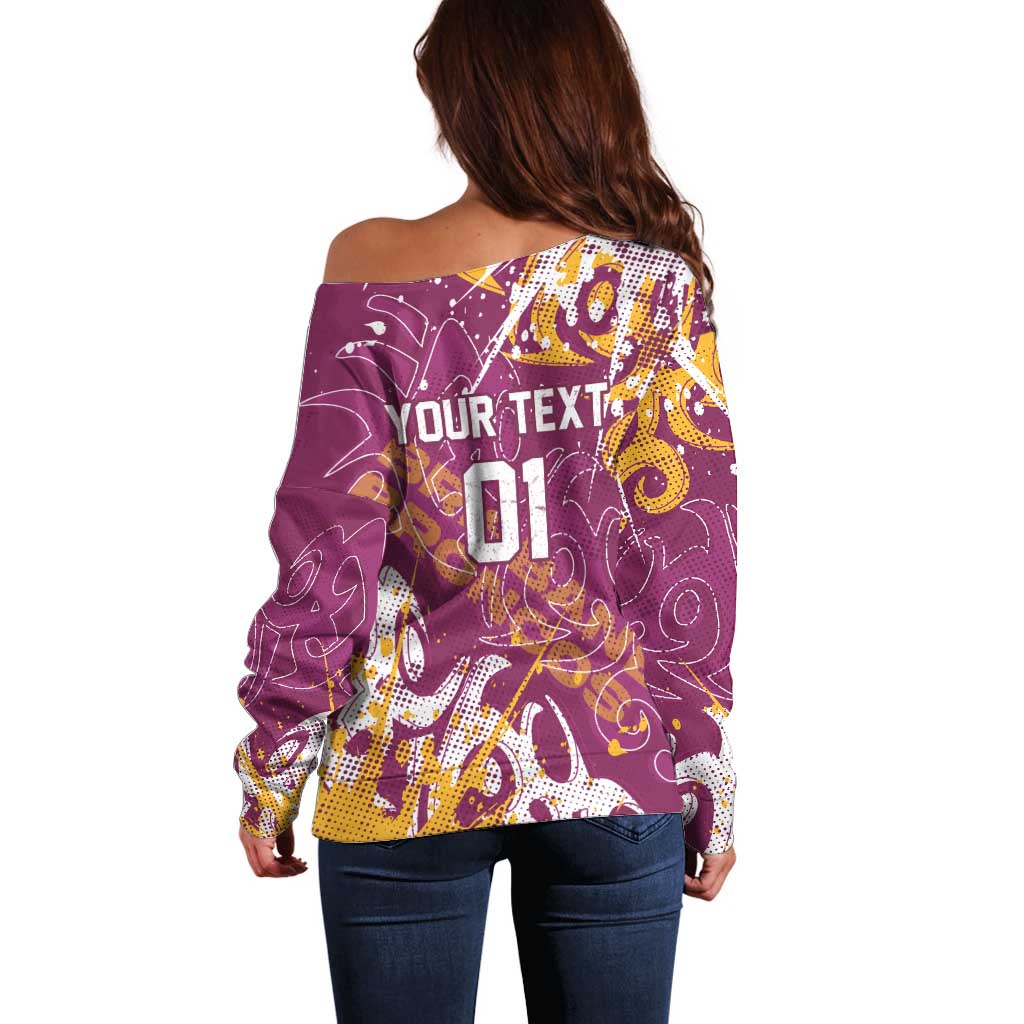 Personalized Brisbane Broncos Rugby Off Shoulder Sweater Urban Street Graffiti Style - Distressed Splatter Elements