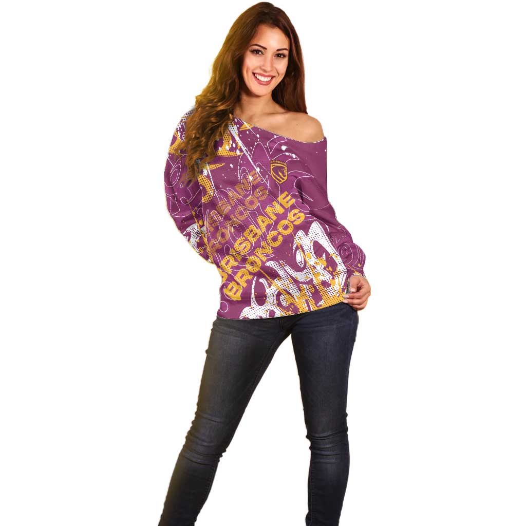 Personalized Brisbane Broncos Rugby Off Shoulder Sweater Urban Street Graffiti Style - Distressed Splatter Elements