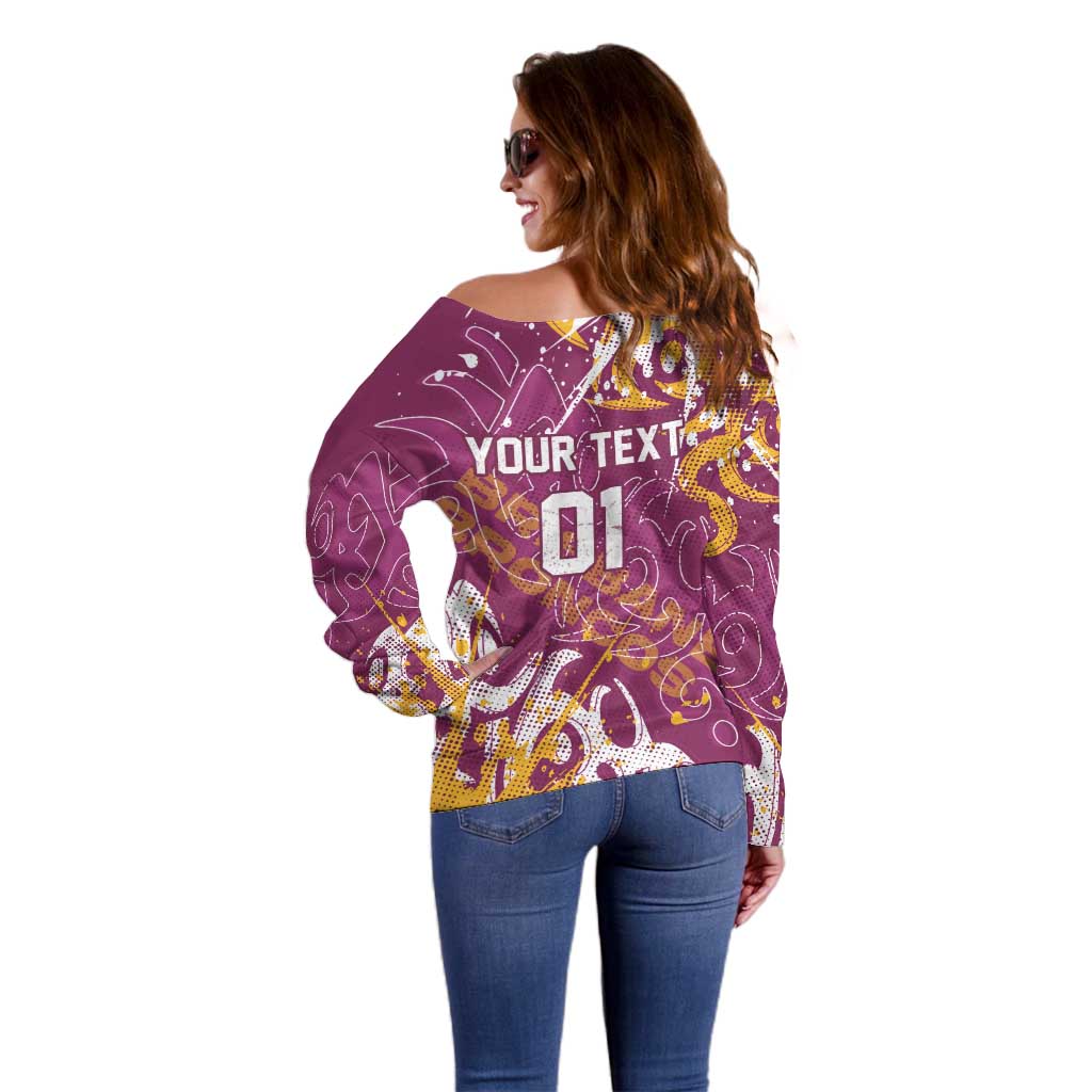 Personalized Brisbane Broncos Rugby Off Shoulder Sweater Urban Street Graffiti Style - Distressed Splatter Elements