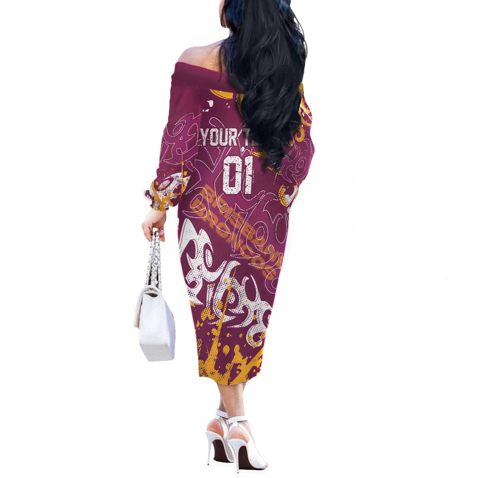 Personalized Brisbane Broncos Rugby Off The Shoulder Long Sleeve Dress Urban Street Graffiti Style - Distressed Splatter Elements