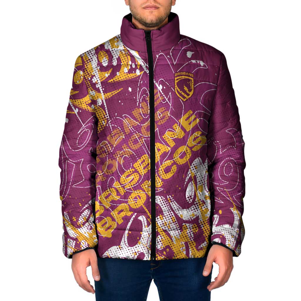 Personalized Brisbane Broncos Rugby Padded Jacket Urban Street Graffiti Style - Distressed Splatter Elements