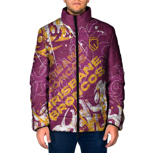 Personalized Brisbane Broncos Rugby Padded Jacket Urban Street Graffiti Style - Distressed Splatter Elements