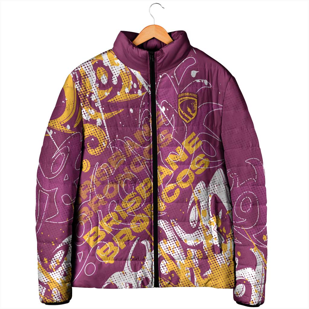 Personalized Brisbane Broncos Rugby Padded Jacket Urban Street Graffiti Style - Distressed Splatter Elements
