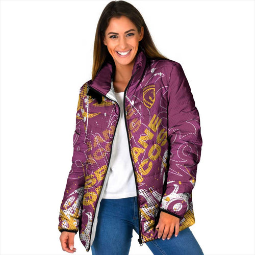 Personalized Brisbane Broncos Rugby Padded Jacket Urban Street Graffiti Style - Distressed Splatter Elements