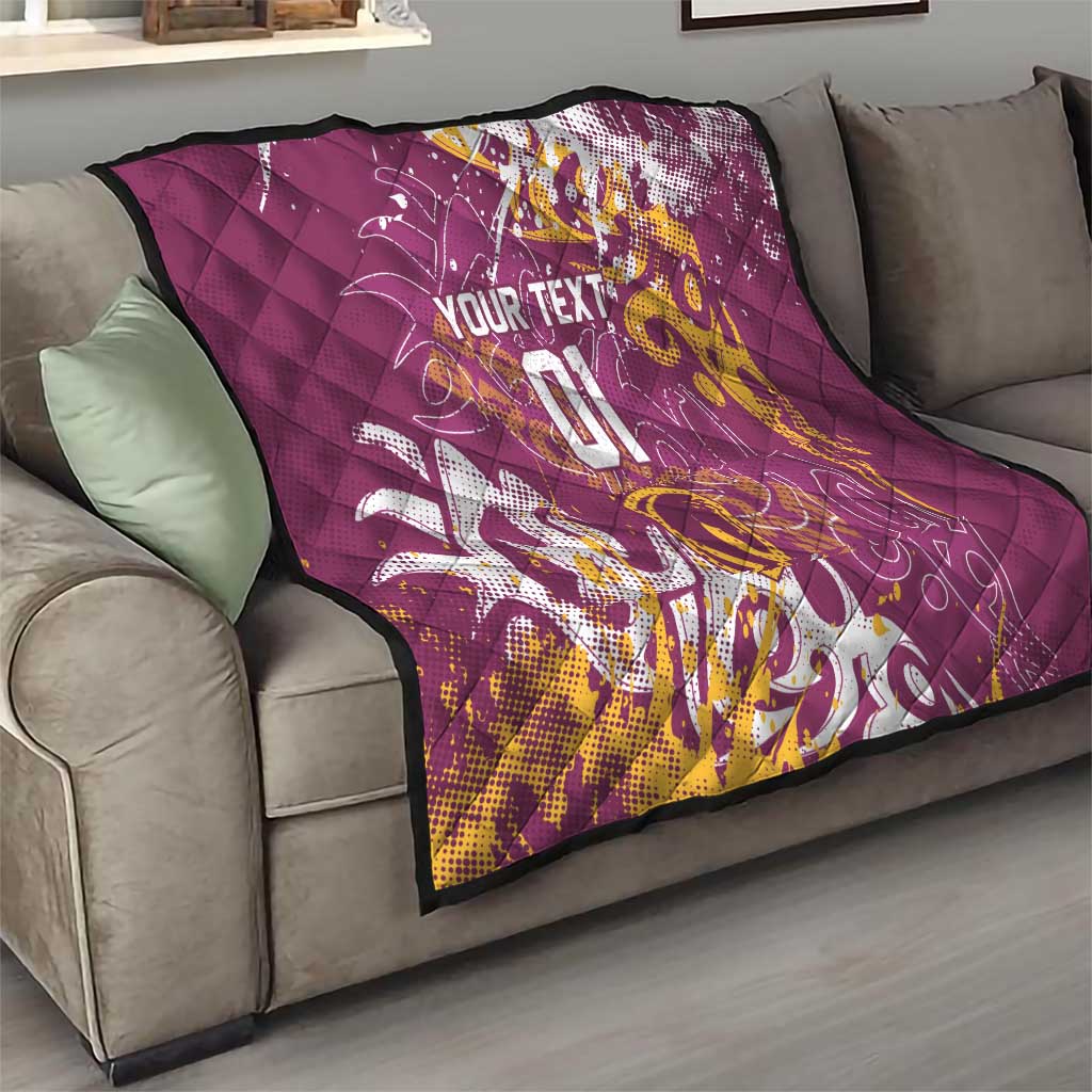 Personalized Brisbane Broncos Rugby Quilt Urban Street Graffiti Style - Distressed Splatter Elements