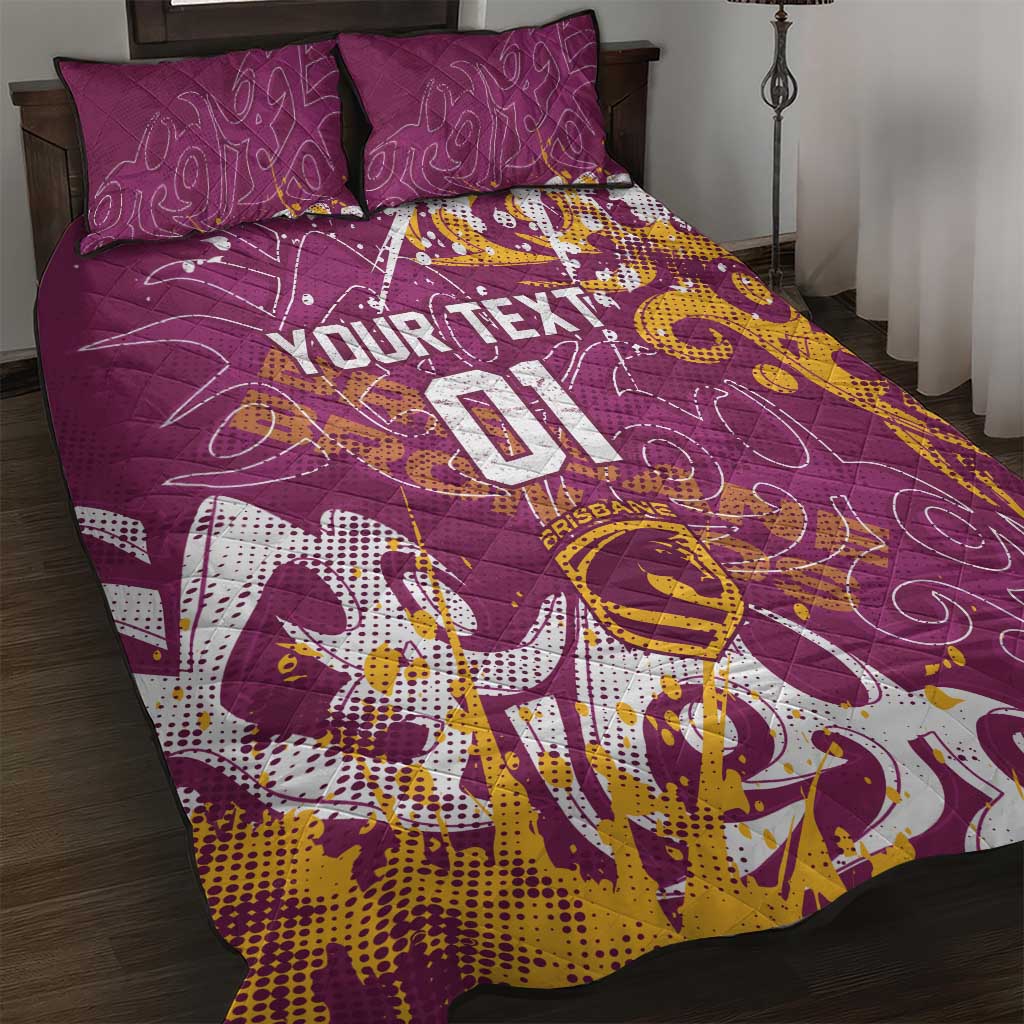 Personalized Brisbane Broncos Rugby Quilt Bed Set Urban Street Graffiti Style - Distressed Splatter Elements