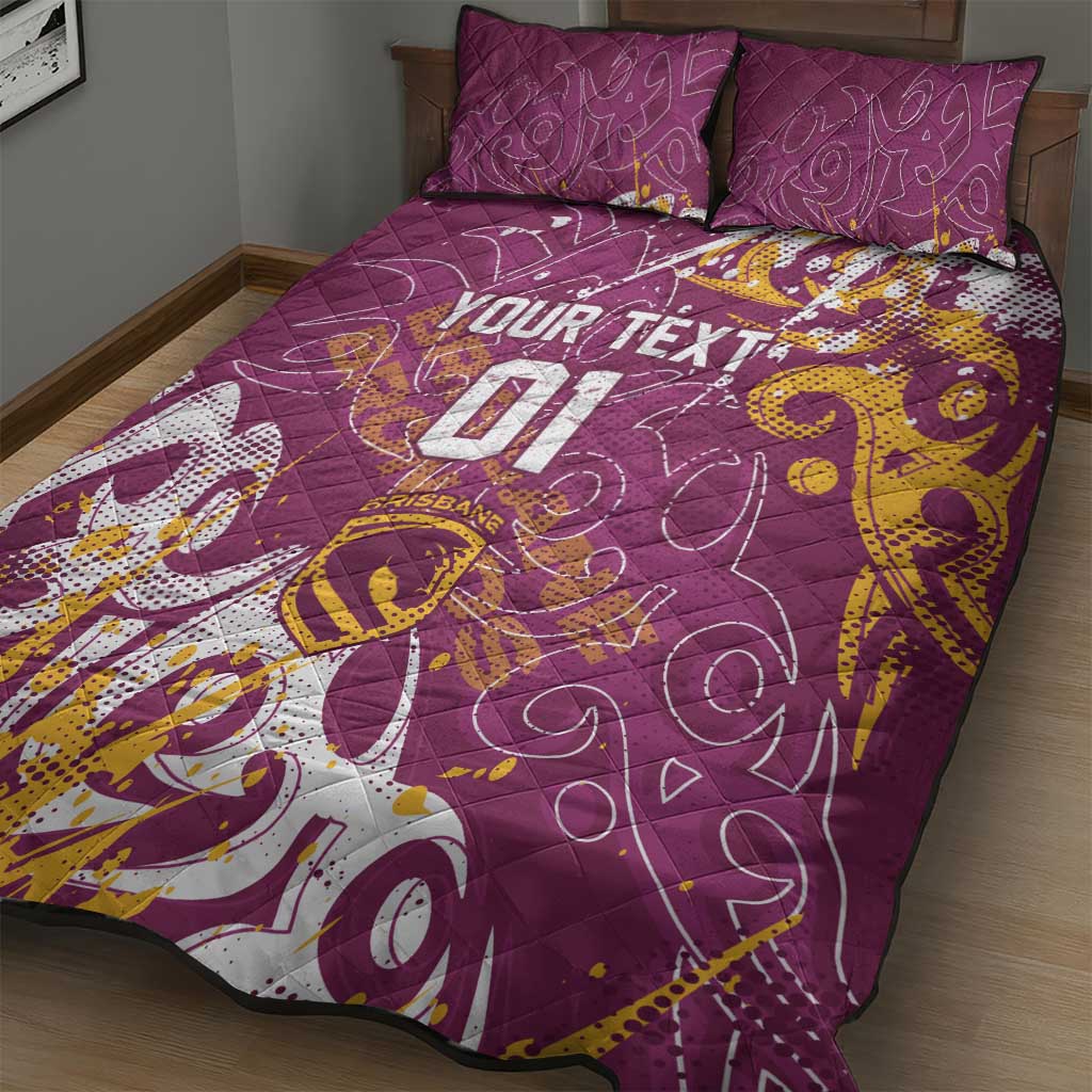 Personalized Brisbane Broncos Rugby Quilt Bed Set Urban Street Graffiti Style - Distressed Splatter Elements
