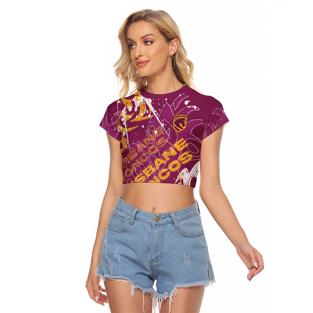 Personalized Brisbane Broncos Rugby Raglan Cropped T Shirt Urban Street Graffiti Style - Distressed Splatter Elements