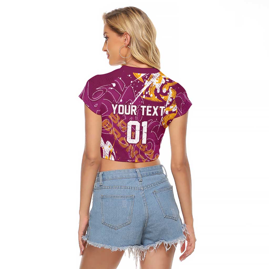 Personalized Brisbane Broncos Rugby Raglan Cropped T Shirt Urban Street Graffiti Style - Distressed Splatter Elements