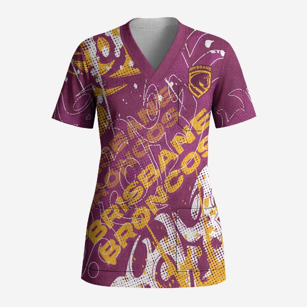 Personalized Brisbane Broncos Rugby Scrub Top Urban Street Graffiti Style - Distressed Splatter Elements