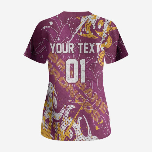 Personalized Brisbane Broncos Rugby Scrub Top Urban Street Graffiti Style - Distressed Splatter Elements