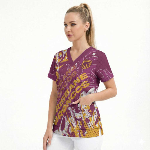 Personalized Brisbane Broncos Rugby Scrub Top Urban Street Graffiti Style - Distressed Splatter Elements