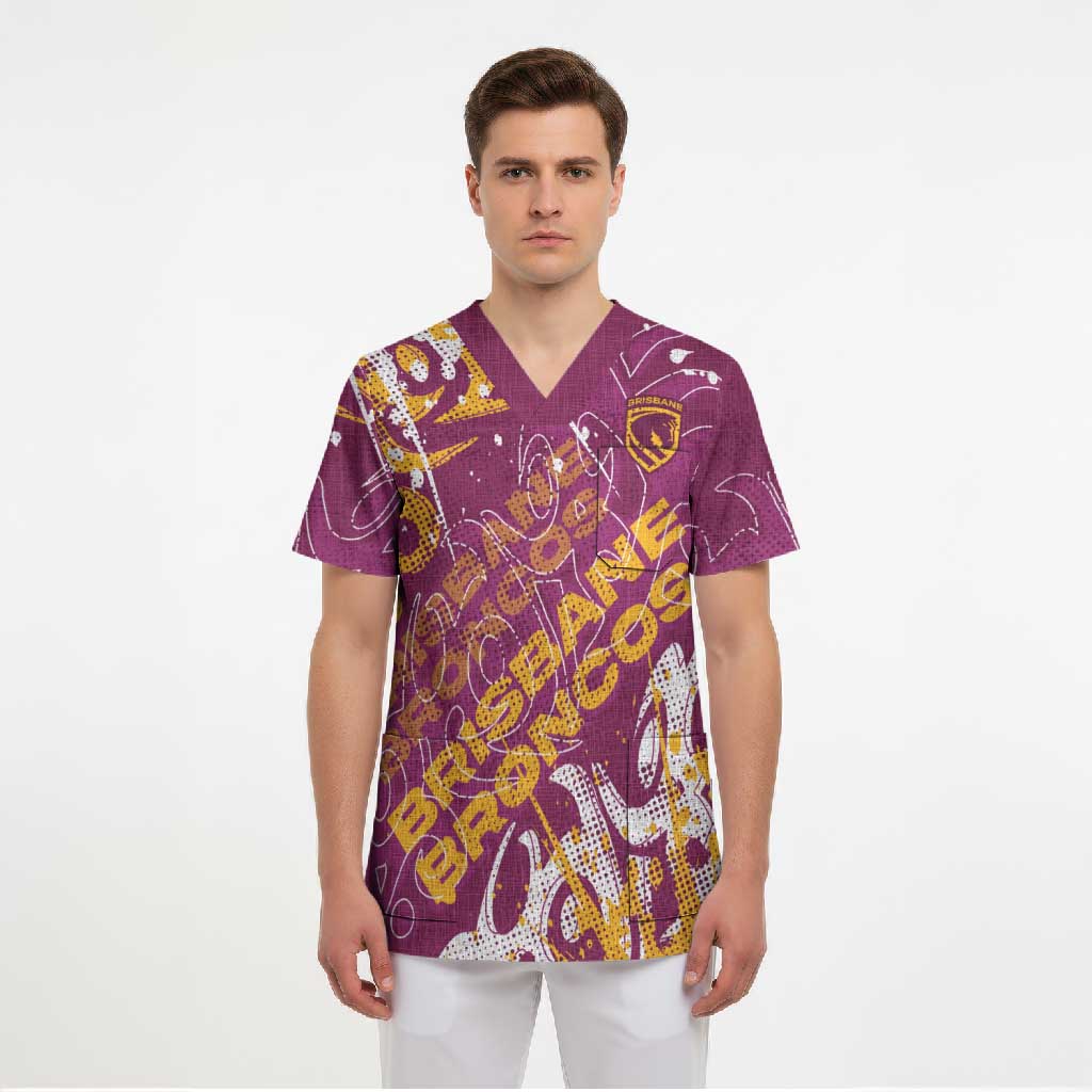 Personalized Brisbane Broncos Rugby Scrub Top Urban Street Graffiti Style - Distressed Splatter Elements