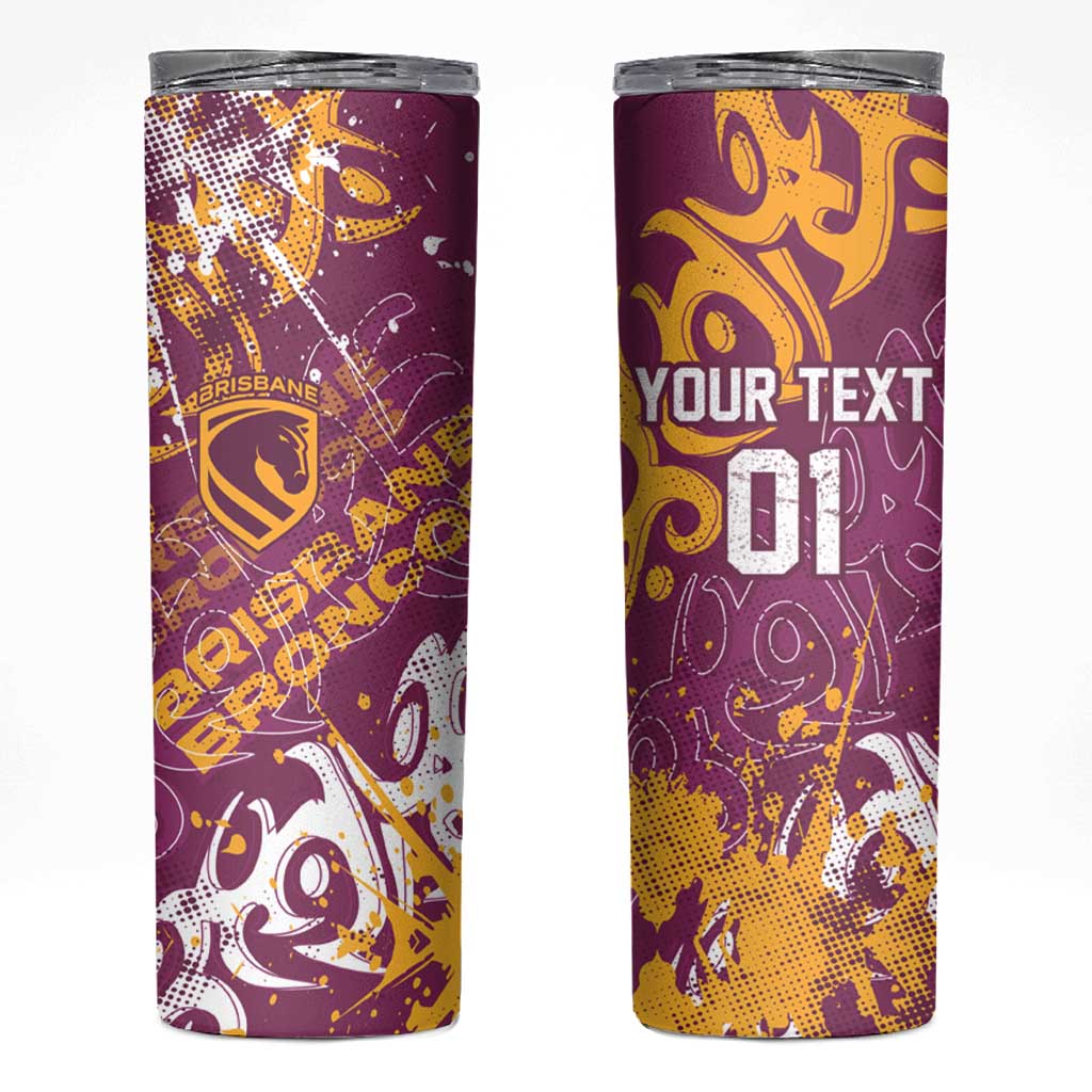 Personalized Brisbane Broncos Rugby Skinny Tumbler Urban Street Graffiti Style - Distressed Splatter Elements