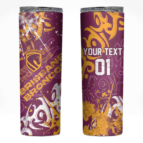 Personalized Brisbane Broncos Rugby Skinny Tumbler Urban Street Graffiti Style - Distressed Splatter Elements