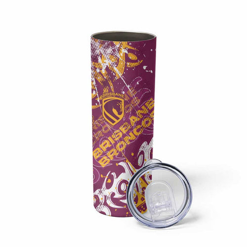 Personalized Brisbane Broncos Rugby Skinny Tumbler Urban Street Graffiti Style - Distressed Splatter Elements