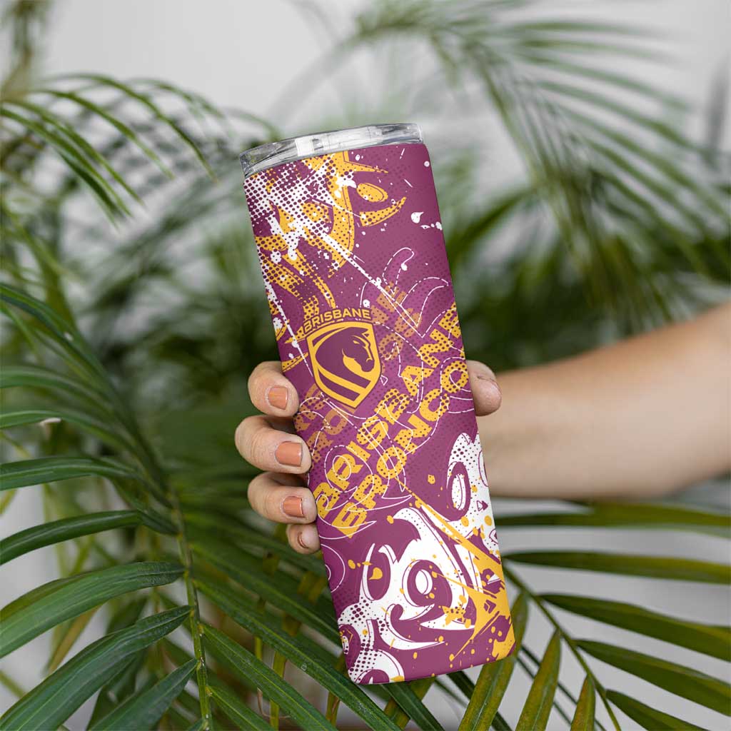 Personalized Brisbane Broncos Rugby Skinny Tumbler Urban Street Graffiti Style - Distressed Splatter Elements
