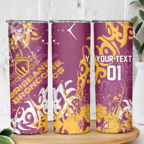 Personalized Brisbane Broncos Rugby Skinny Tumbler Urban Street Graffiti Style - Distressed Splatter Elements