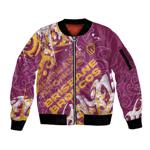 Personalized Brisbane Broncos Rugby Sleeve Zip Bomber Jacket Urban Street Graffiti Style - Distressed Splatter Elements