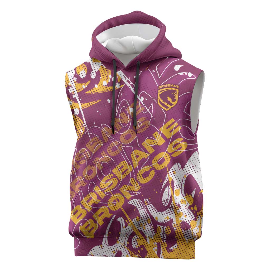 Personalized Brisbane Broncos Rugby Sleeveless Hoodie Urban Street Graffiti Style - Distressed Splatter Elements