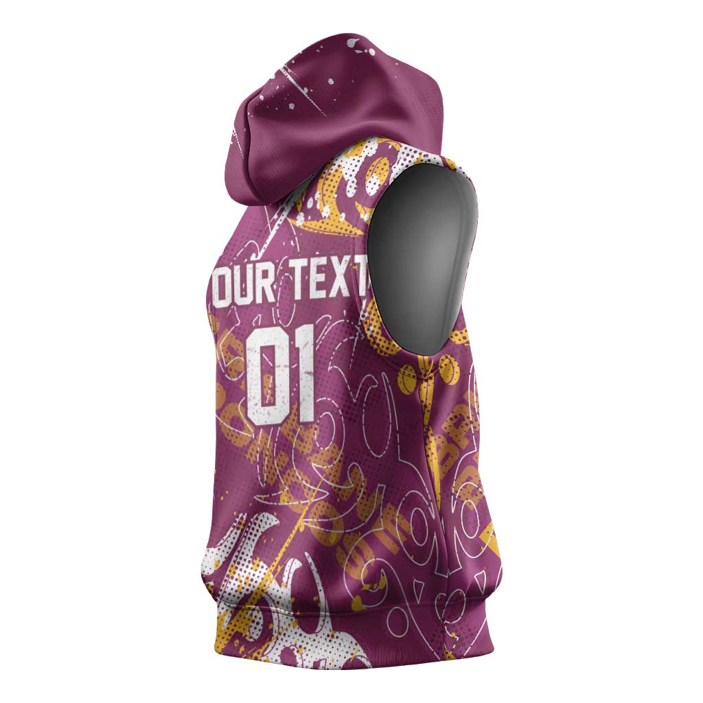Personalized Brisbane Broncos Rugby Sleeveless Hoodie Urban Street Graffiti Style - Distressed Splatter Elements
