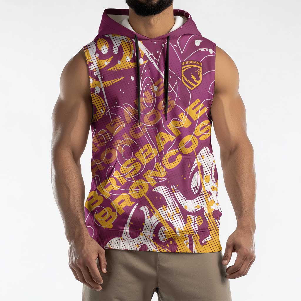 Personalized Brisbane Broncos Rugby Sleeveless Hoodie Urban Street Graffiti Style - Distressed Splatter Elements
