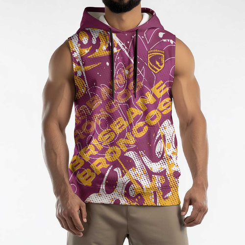 Personalized Brisbane Broncos Rugby Sleeveless Hoodie Urban Street Graffiti Style - Distressed Splatter Elements