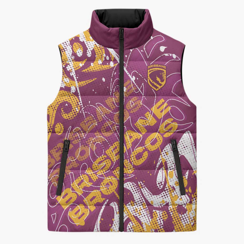 Personalized Brisbane Broncos Rugby Sleeveless Puffer Jacket Urban Street Graffiti Style - Distressed Splatter Elements